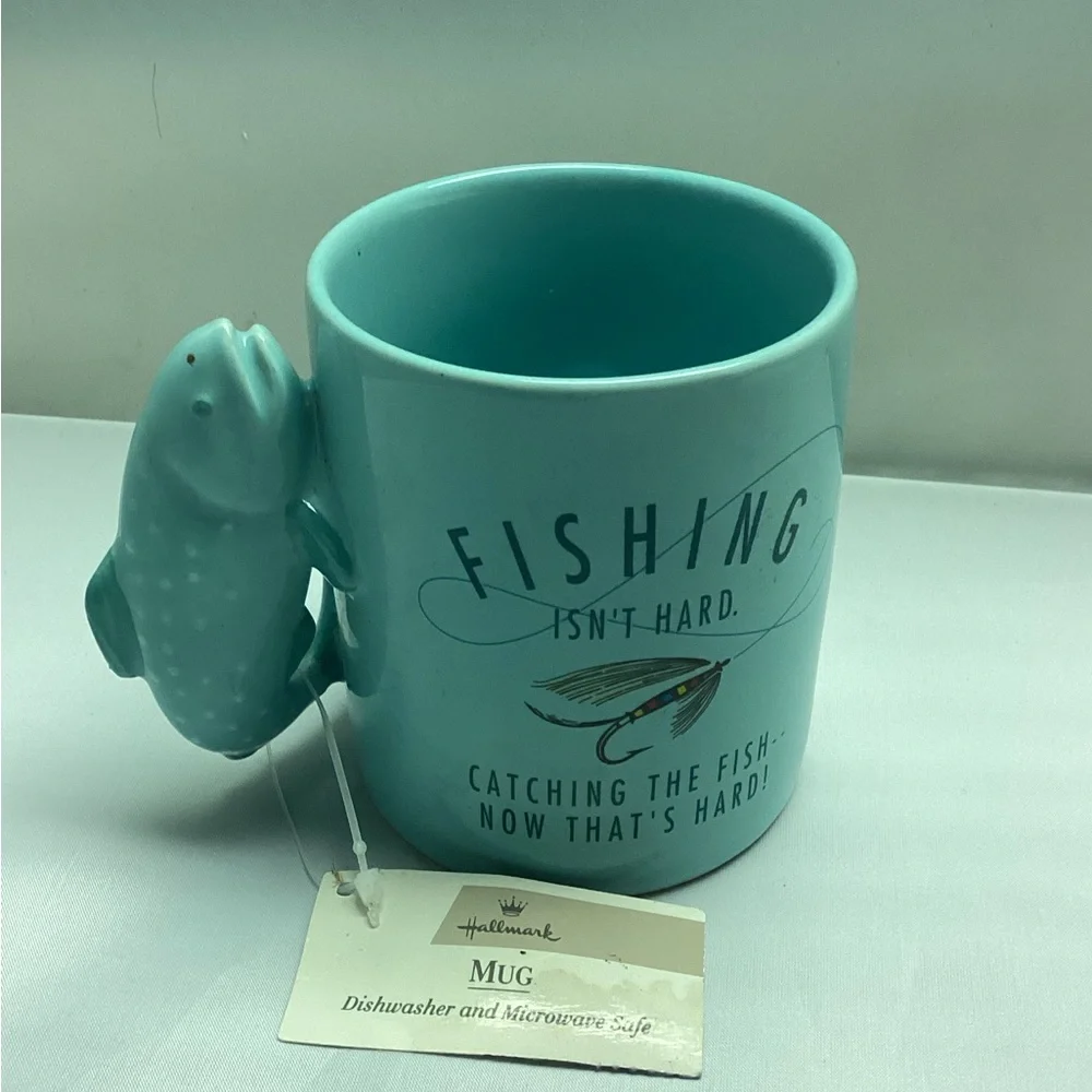 Hallmark Teal Ceramic Mug with Fish Handle and Fishing Graphic